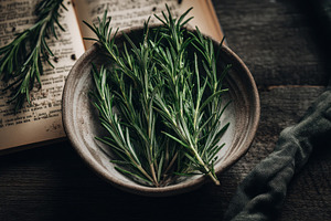 Fresh rosemary in clay bowl, a Food & Drink Photo by Virgo Studio