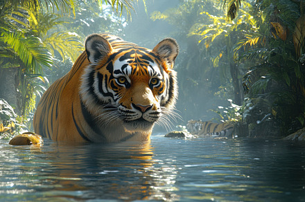 A majestic tiger wades through a tro, an Animal Photo by Pixeness