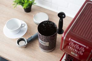 Coffee container and espresso machine on kitchen counter, a Food & Drink Photo by etorres69