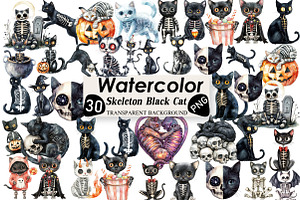 Skeleton Black Cat Clipart, an Illustration by Black Bird Studio
