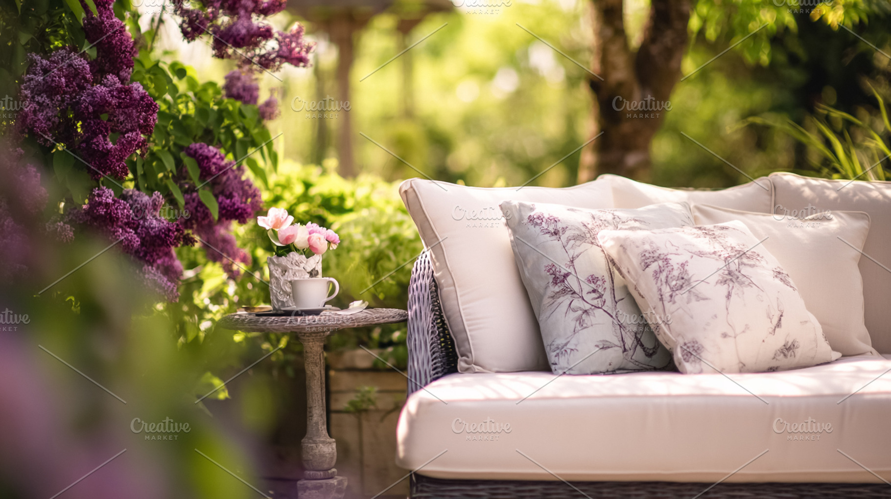 Outdoor sofa with floral pillows and teapot on a rustic table in, a Photo by Studio ANNA