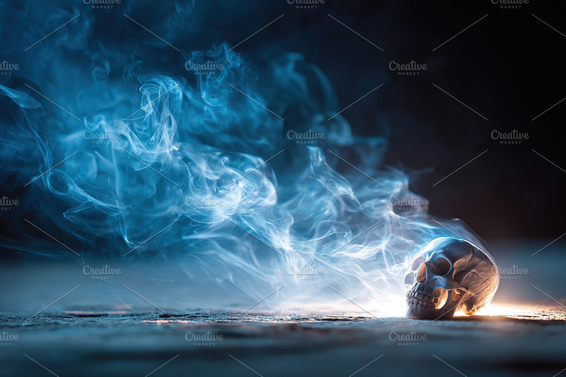 Dark atmosphere with skull and smoke creating an eerie setting at night, an Arts & Entertainment Photo by AlyaAnd