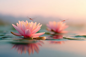 Serene water lilies with dragonflies at sunset, a Nature Photo by AlyaAnd