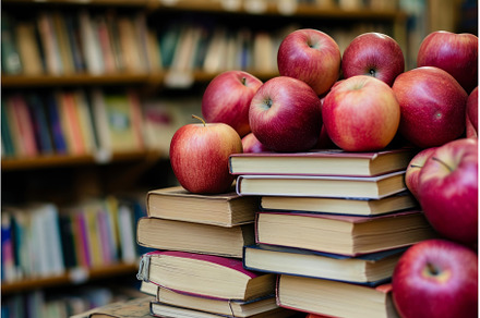 Apples on a stack of books in a, a School & Education Photo by Ylivdesign