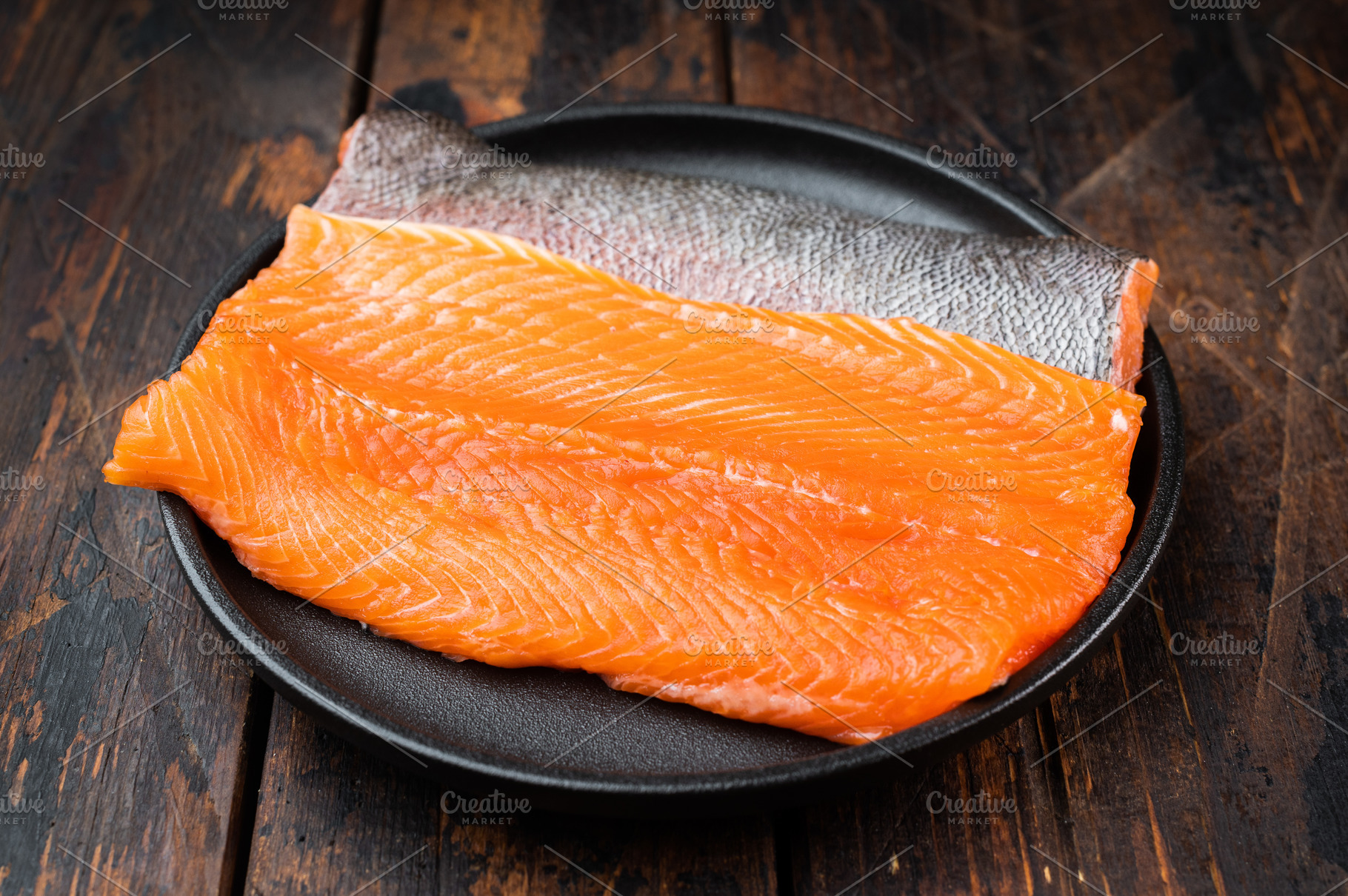 Raw salmon fillet with skin in plate, rosemary and thyme flat la, a Food & Drink Photo by composter-box@mail.ru