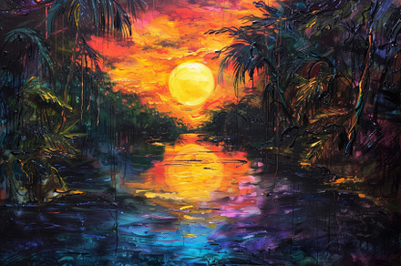 The sun sets over a calm river, cast, a Photo by Tanuart