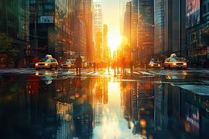 City skyline reflections in puddles, a Photo by Pavel_design