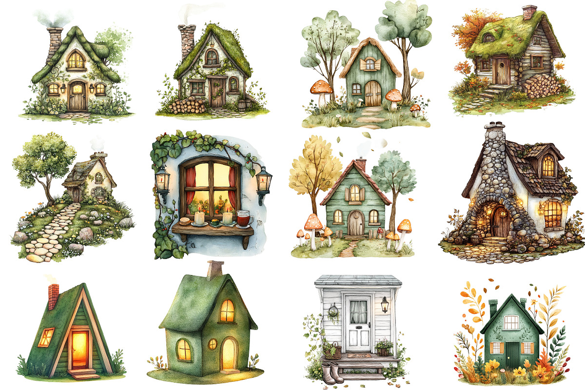 Green Autumn Cottage Clipart, an Illustration by Watercolor design (Photo 2 of 5)
