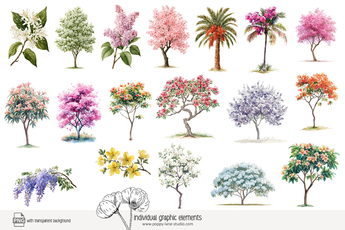 100 watercolor floral trees clip art, a Seasonal Illustration by Poppy Lane Studio (Photo 3 of 12)