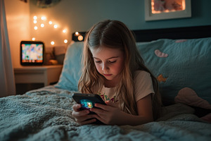 Kid enjoys playing on her smartphone, a Photo by Pavel_design