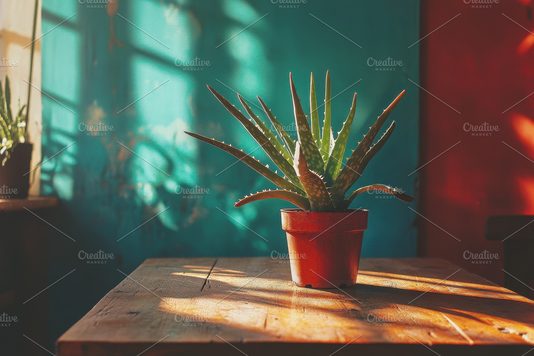 Sunlit aloe plant on a wooden table, a Photo by Pavel_design