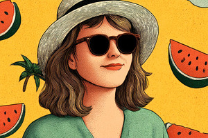 Vintage Summer Woman Portrait With Watermelon Pattern Palm Trees, a Background Photo by José Manuel Gelpi