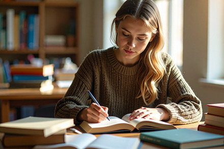 Student deeply concentrated on a book, surrounded by a calm and, a School & Education Photo by DanFLCreativo