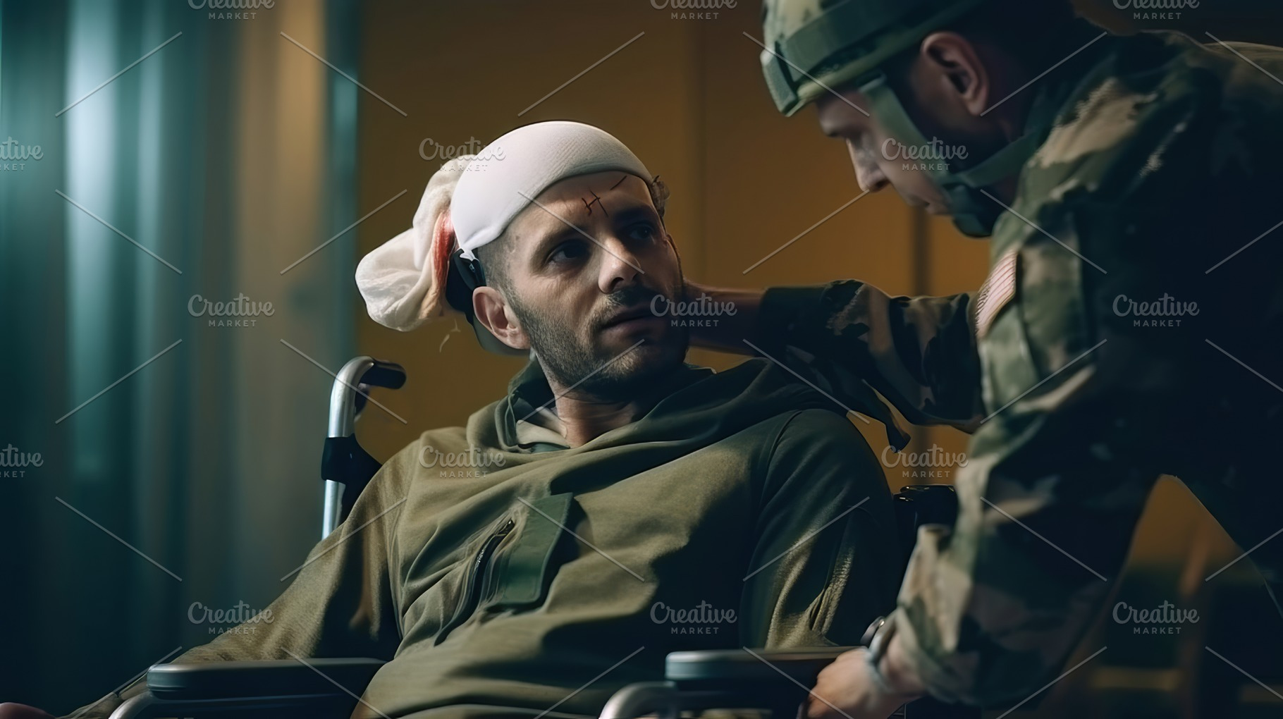 Caring Soldier Consoling Wounded Comrade in Wheelchair, Showing Compassion and, a Photo by AS photostudio