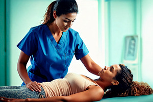 Woman chiropractor adjusting a woman patient on a therapy table, a Health & Medical Photo by DanFLCreativo