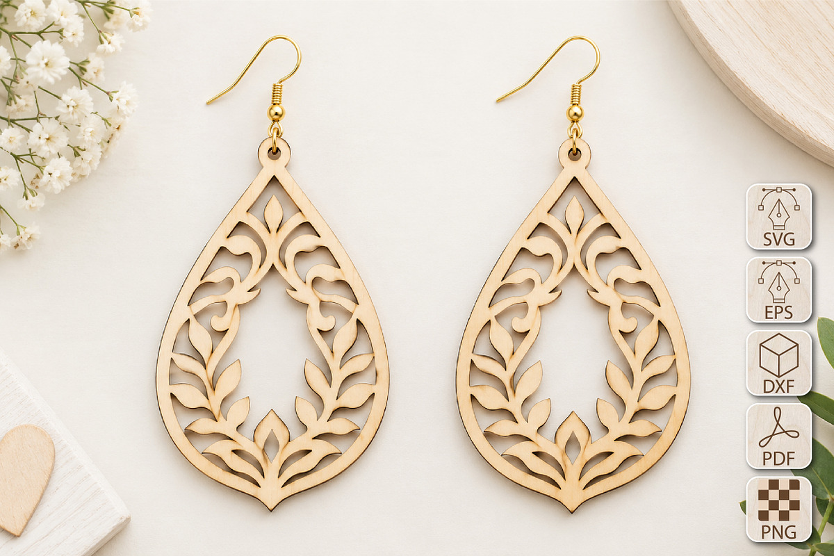 Floral Teardrop Earrings Laser Cut, an Object Graphic by Canvas Craft (Photo 1 of 4)
