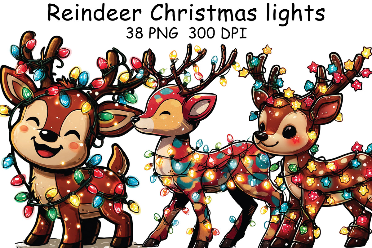 Reindeer Christmas lights Clipart, an Illustration by CraftArtStudio (Photo 1 of 6)