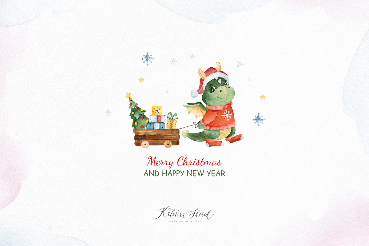 Dragon Christmas. Watercolor set., a Seasonal Illustration by Kate_Rina (Photo 13 of 13)