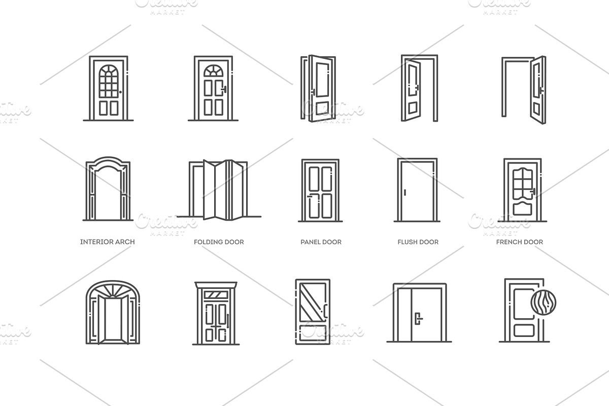 Door Types Line Icons Set, an Outline Icon by Tettygreen (Photo 2 of 2)