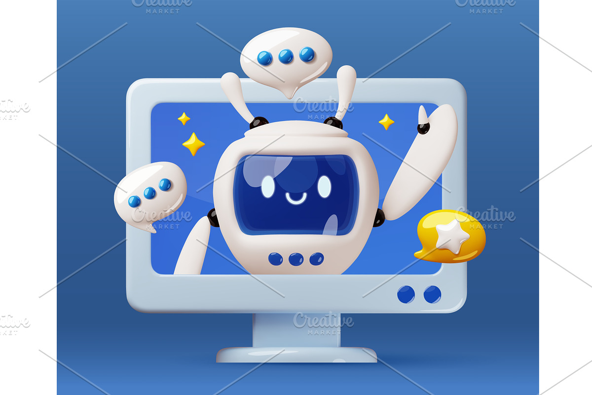 3d cartoon robot helps from monitor, a Technology Illustration by YummyBuum