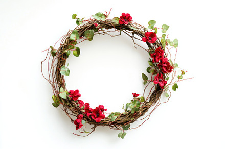 Festive wreath with red flowers and green leaves on white backgr, a Person Photo by José Manuel Gelpi