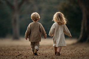 Children walk hand in hand through a, a Photo by OSORIOartist