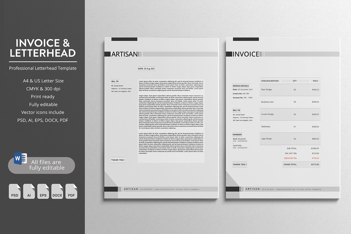 Letterhead & Invoice, a Stationery Template by artisanHR
