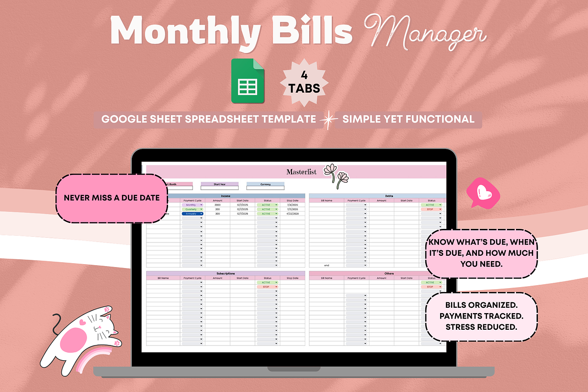 Monthly Bills Manager Spreadsheet, a Stationery Template by bellaROSEworkshop (Photo 3 of 6)
