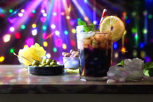 Drink and snacks with a disco background with colored lights, a Food & Drink Photo by Davizro's Market