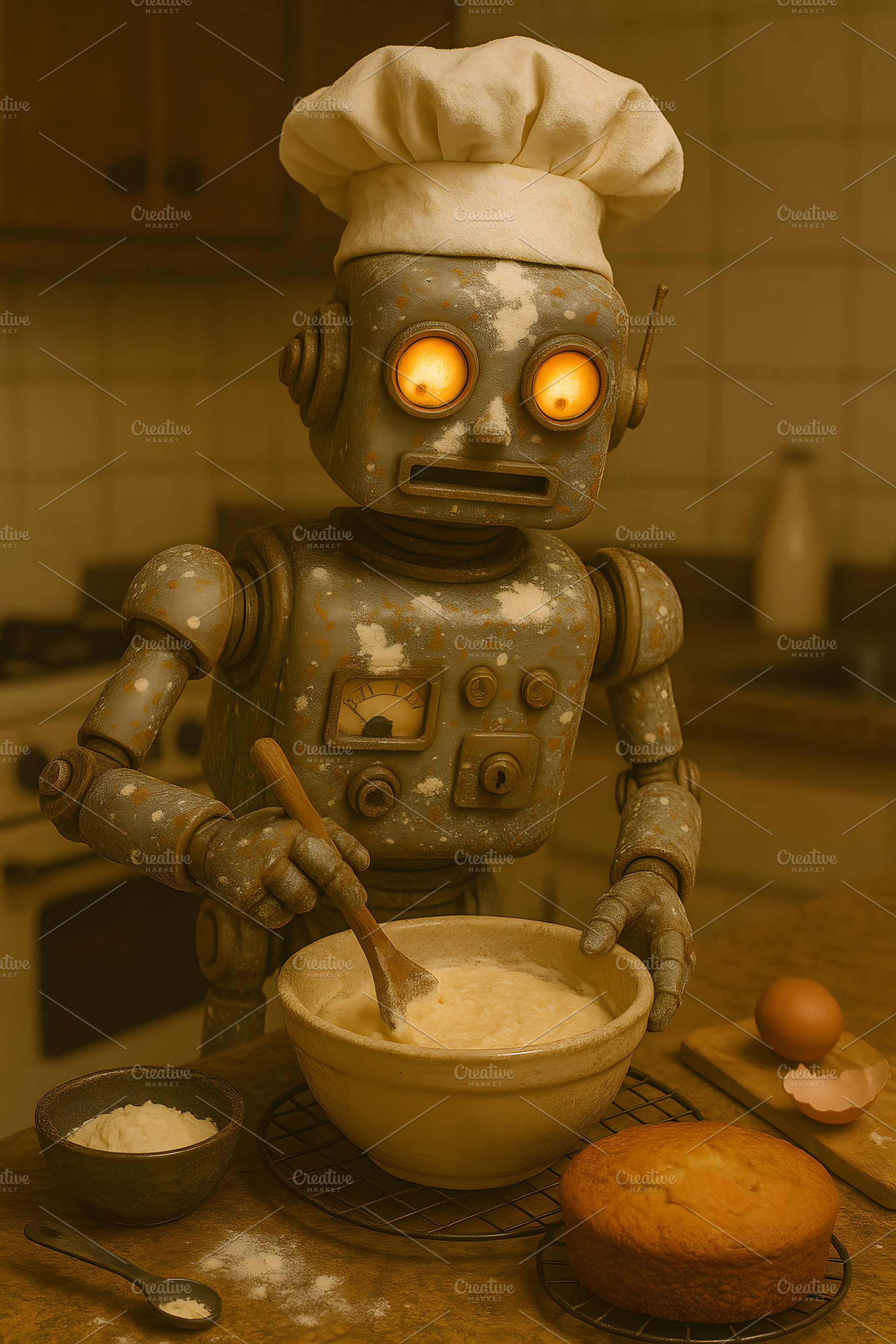 Vintage robot baker mixing cake dough in rustic kitchen, a Technology Photo by GoodGoods