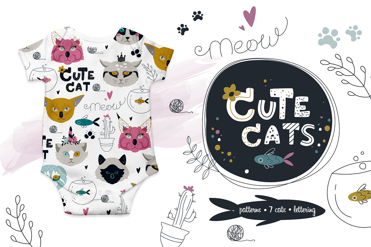 7 cat breed, lettering and pattern, a Texture Illustration by narinadraban (Photo 1 of 6)