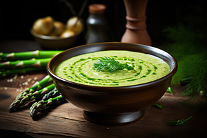 Asparagus cream soup in plate, a Food & Drink Photo by AlyaAnd