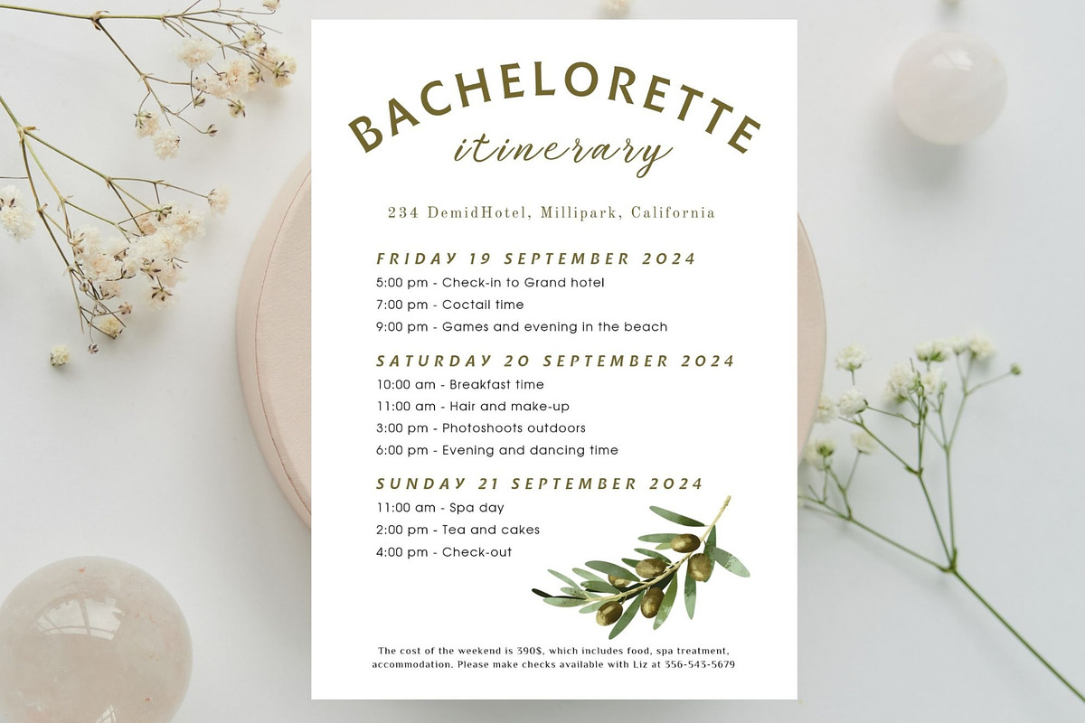 Olives Bachelorette itinerary card, a Stationery Template by EvaTemplates (Photo 9 of 9)