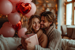 Romantic Young Couple Celebrating Love with Gifts and Heart-Shaped Balloons at, a Photo by AS photostudio