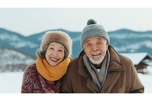 A senior Asian couple dressed warmly, a Person Photo by Sergey Kotenev