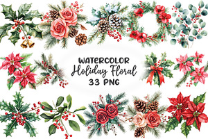 Watercolor Holiday Floral Clipart, an Illustration by CraftArtStudio
