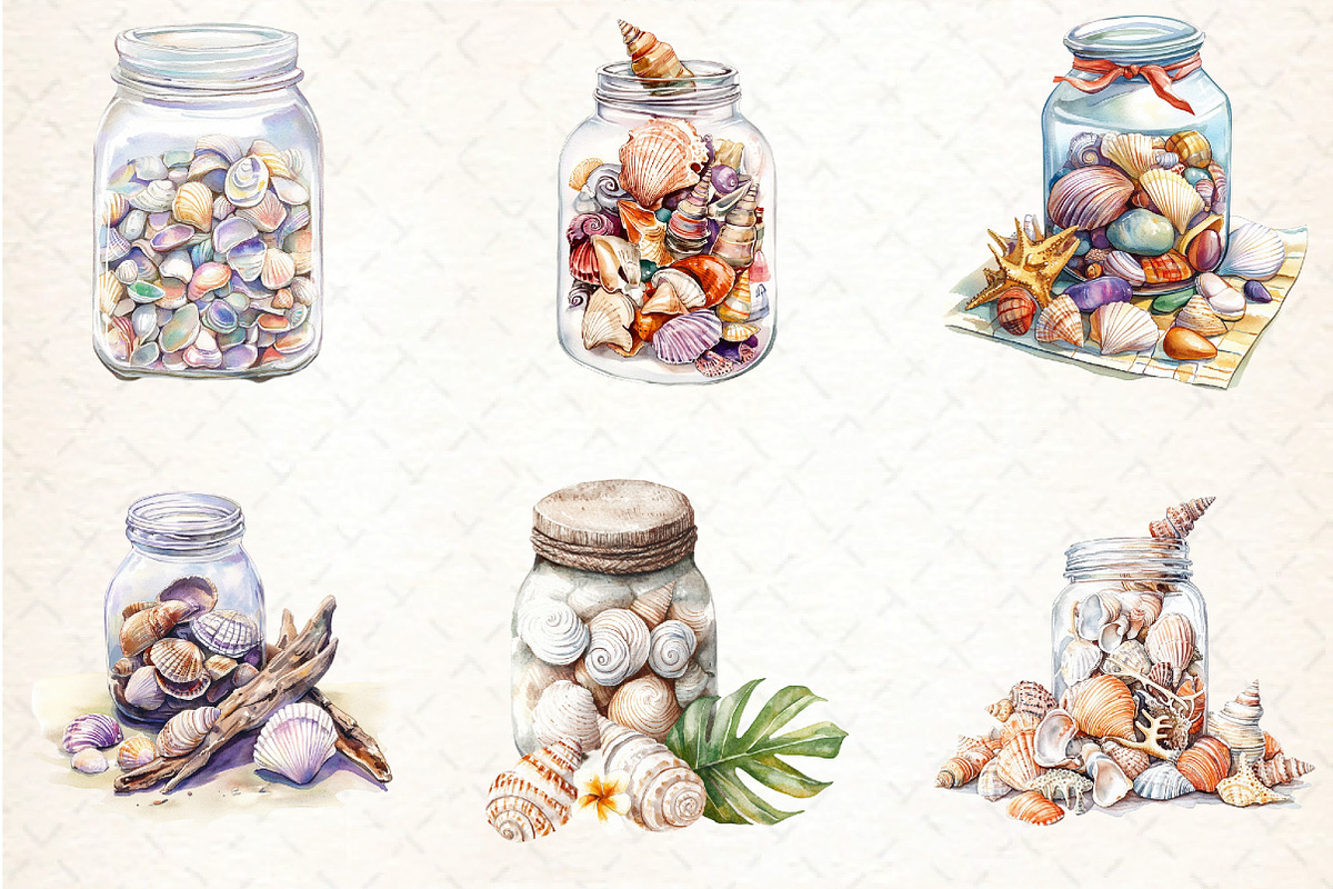 Watercolor Ocean Sea Shell In jar, an Illustration by DreamCafeArt (Photo 3 of 5)
