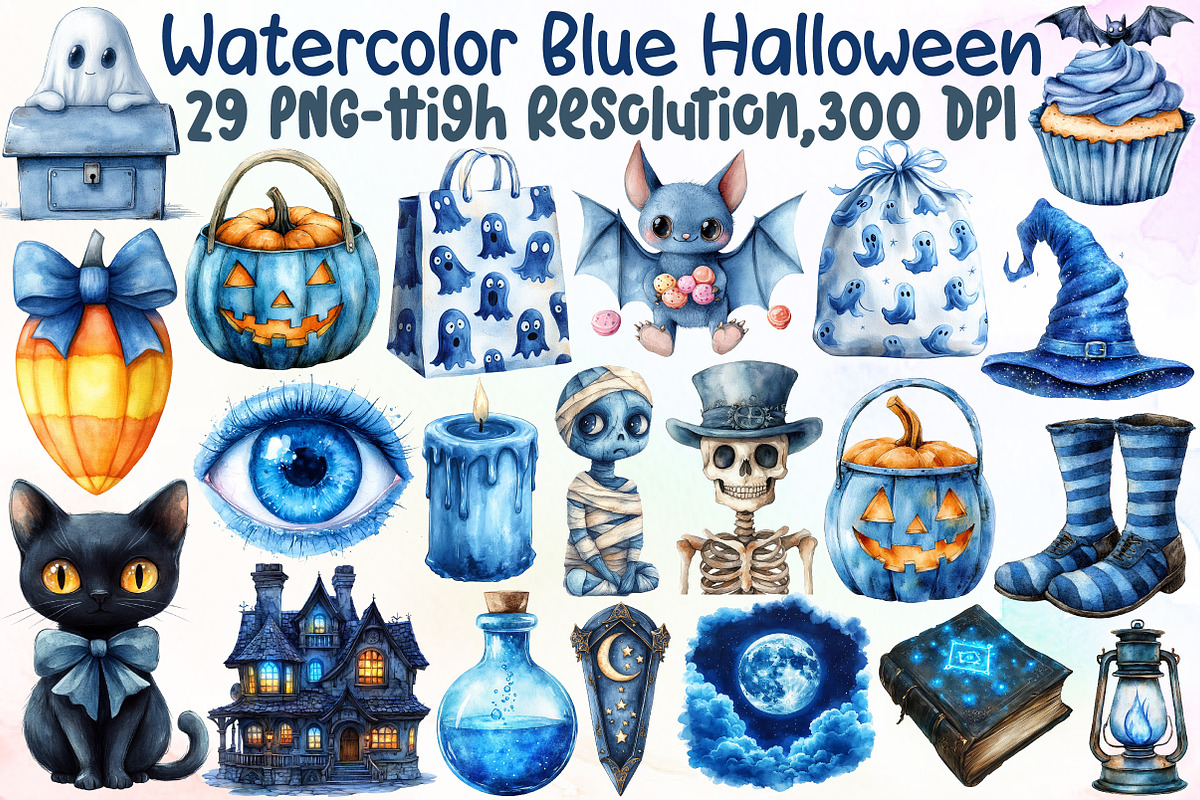 Watercolor Blue Halloween Clipart, an Illustration by Sublimation Artist (Photo 1 of 6)