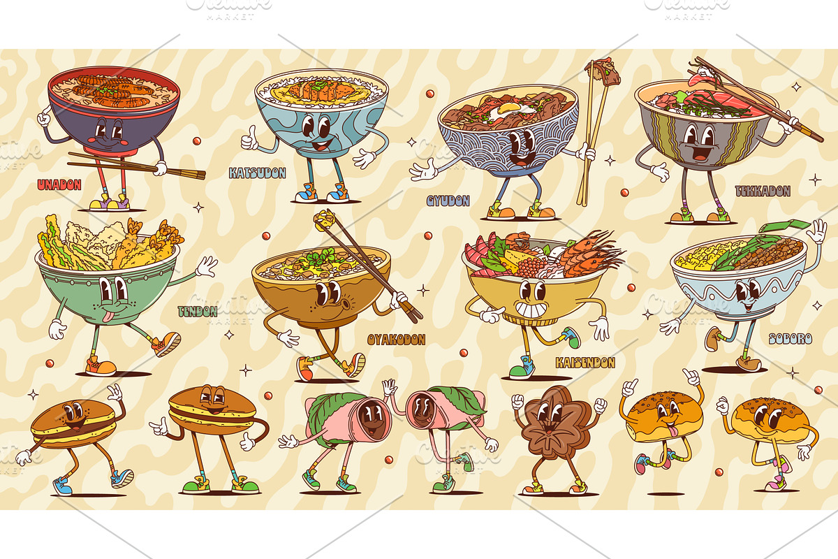 Cartoon groovy asian food, a Food Illustration by Vector Tradition