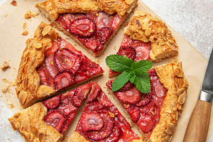 Delicious homemade strawberry galette with almond flakes being s, a Food & Drink Photo by Olena Rudo