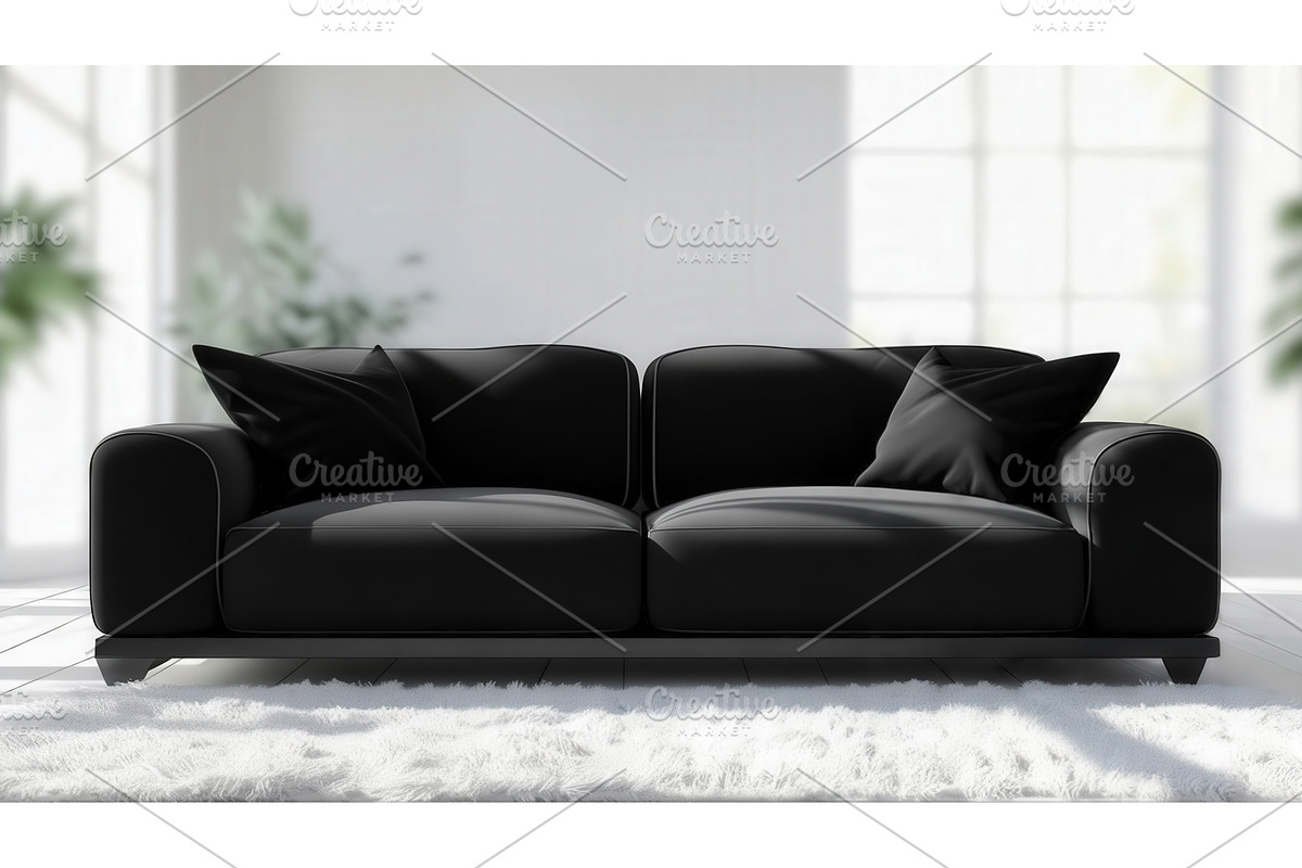 Modern black sofa with cushions in a, an Illustration by tilialucida