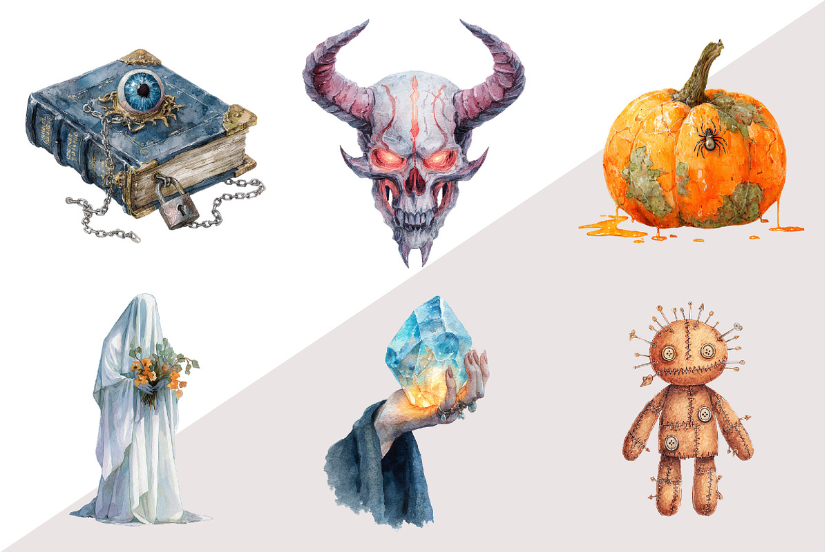 Watercolor Scary Halloween Clipart, an Illustration by Design Market (Photo 2 of 3)