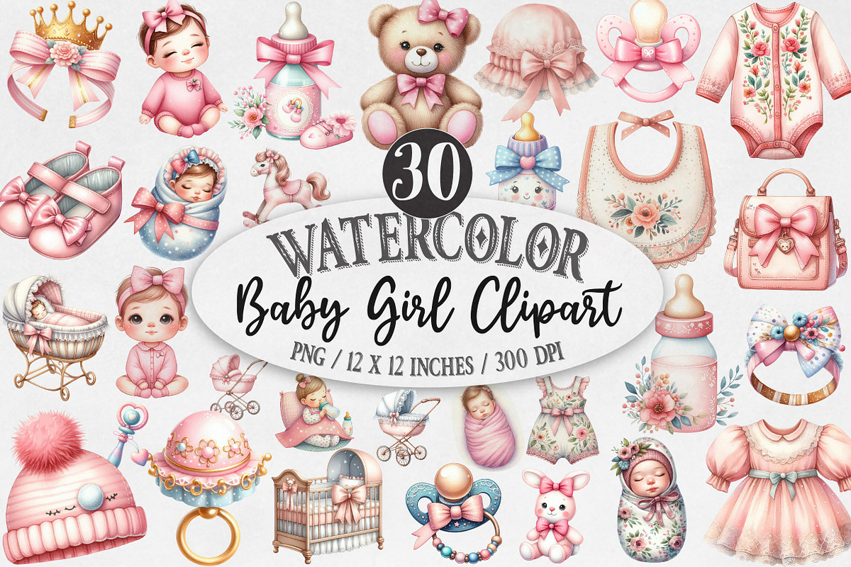 Watercolor Baby Girl Clipart, an Illustration by Designking (Photo 1 of 5)