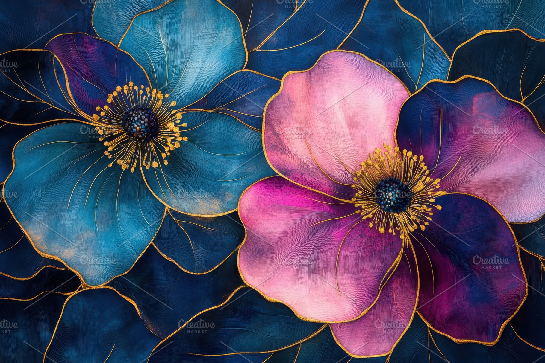 Elegant Blue Pink Flowers Gold Accen, a Photo by Pixeness Studio