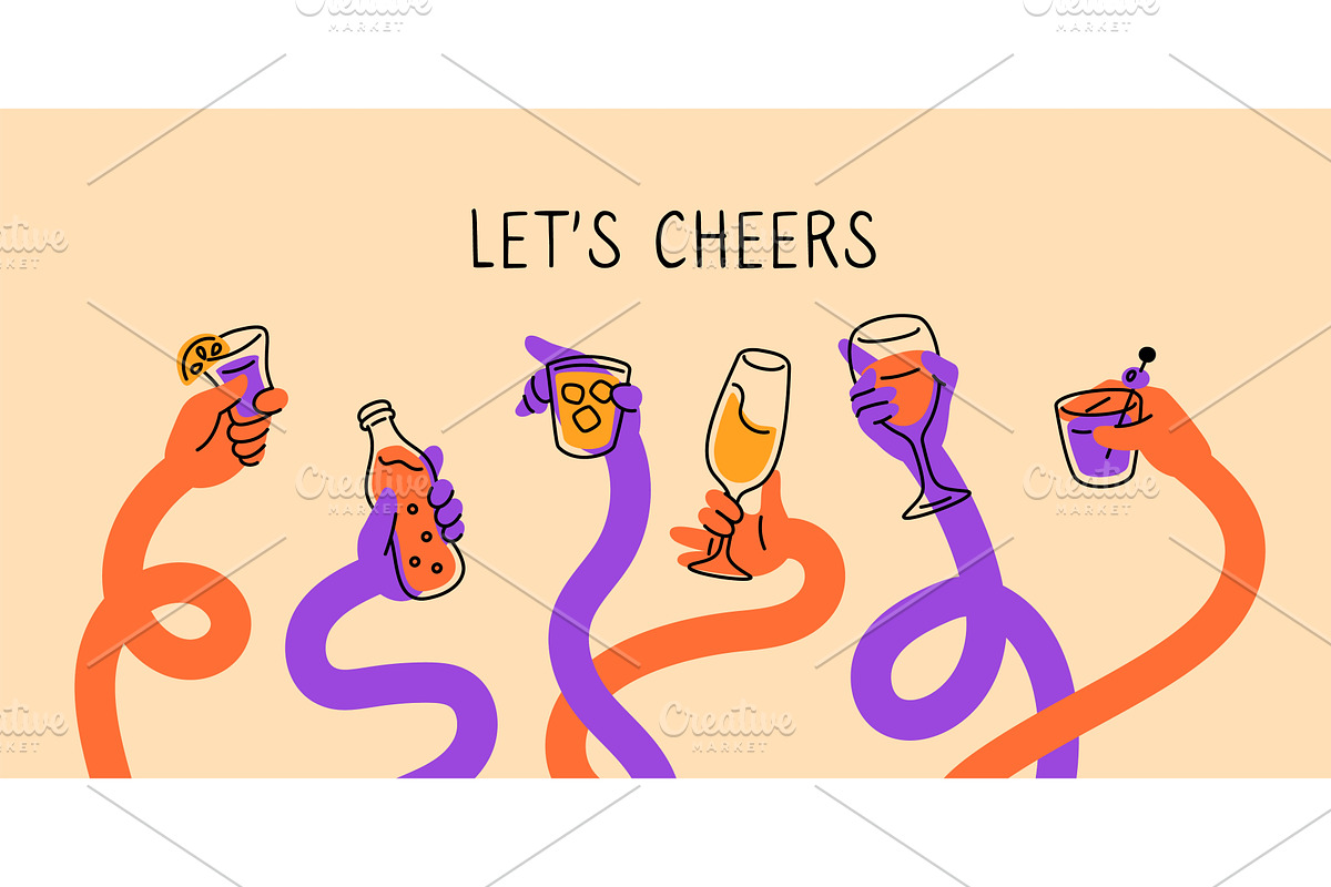 Multicolored hands holding glasses, a Food Illustration by Vectorbuum