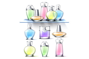 Colored perfumes in glass bottles