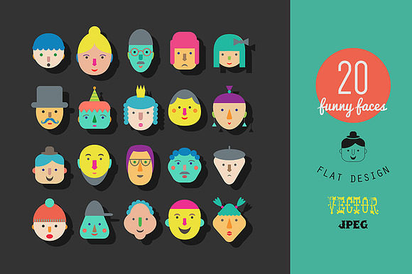 20 Faces. Flat Gesign.