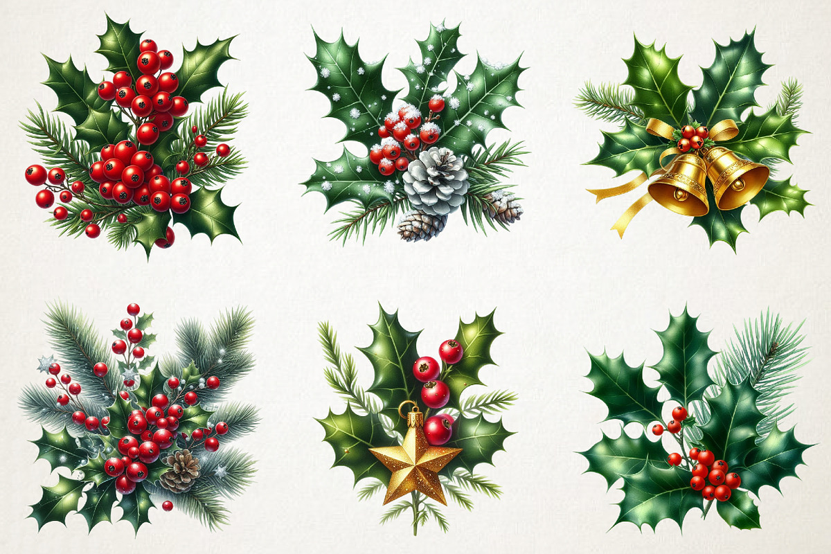 Festive Holly & Pine Branch Clipart, an Illustration by RobertsArt (Photo 2 of 5)