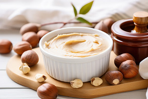Bowl of hazelnut butter on wooden background, a Food & Drink Photo by AlyaAnd