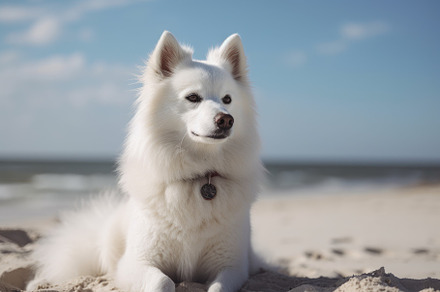 Beautiful Samoyed dog sitting on the, a Photo by Iftikhar Alam